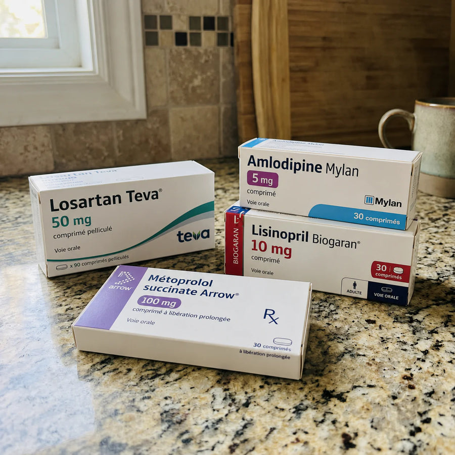 Blood pressure medication boxes on a counter