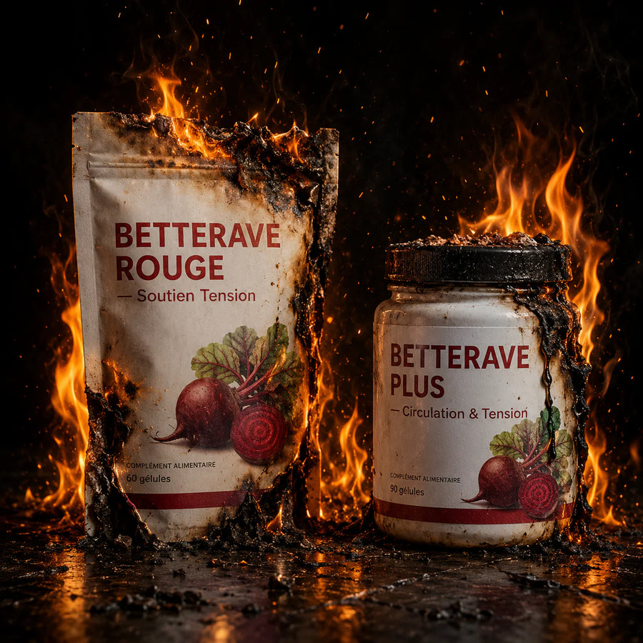 Beetroot supplement bags with flames