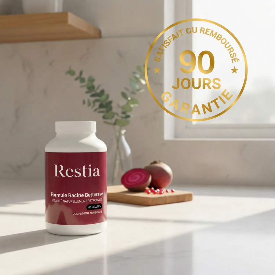 Restia bottle with 90 day guarantee badge